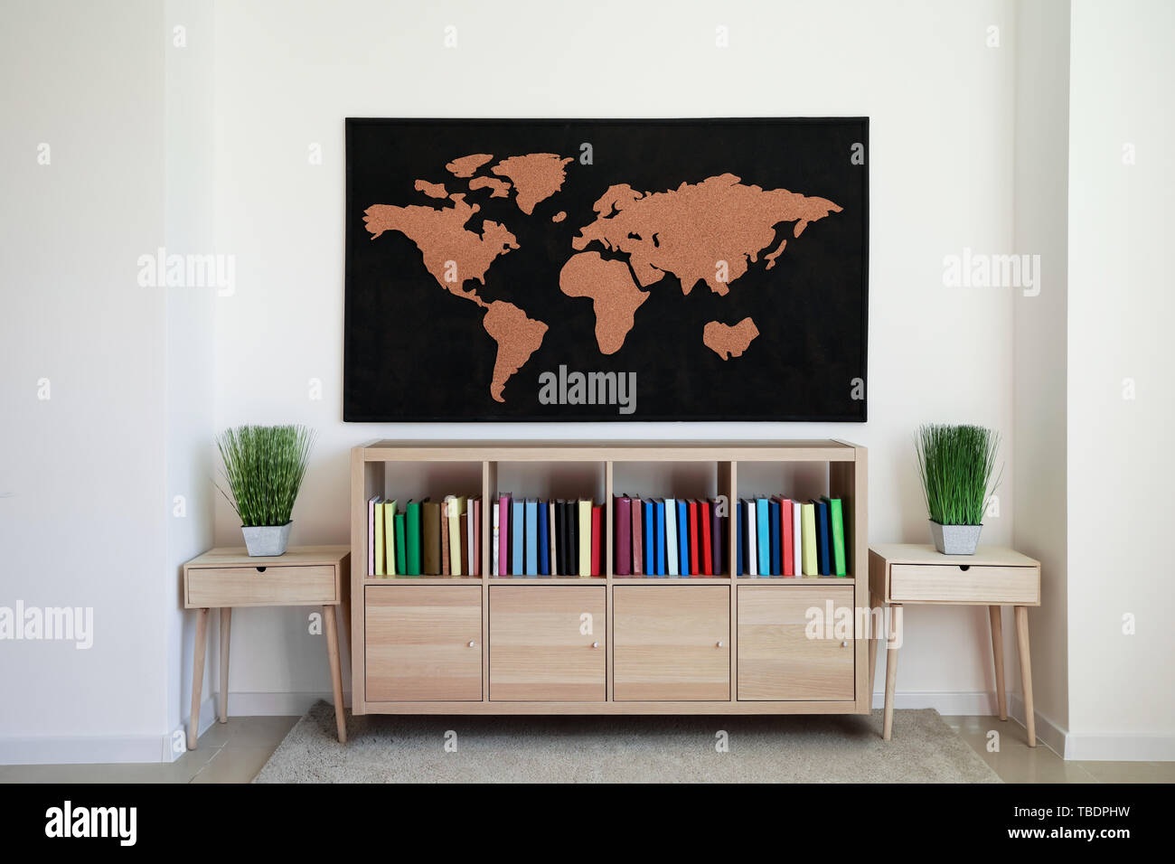 Interior of beautiful room with picture of world map Stock Photo - Alamy
