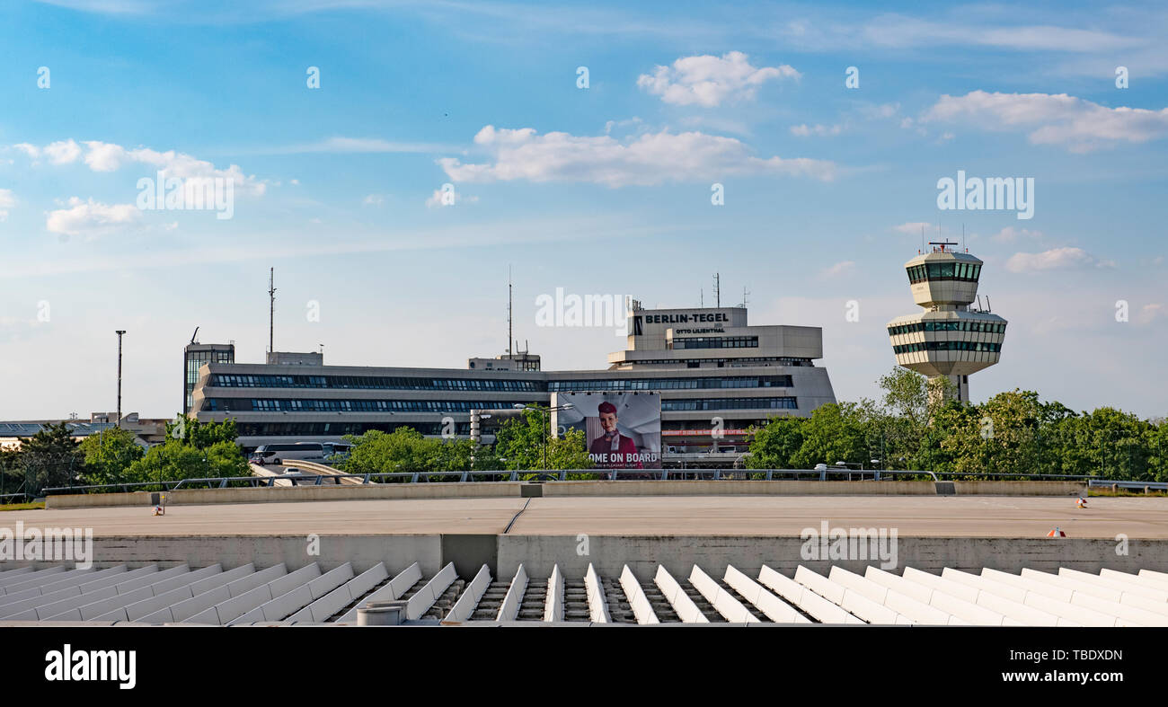 Berlin, Germany. 24th May, 2019. The tower of Tegel Airport and the main building of the airport. Credit: Paul Zinken/dpa/Alamy Live News Stock Photo