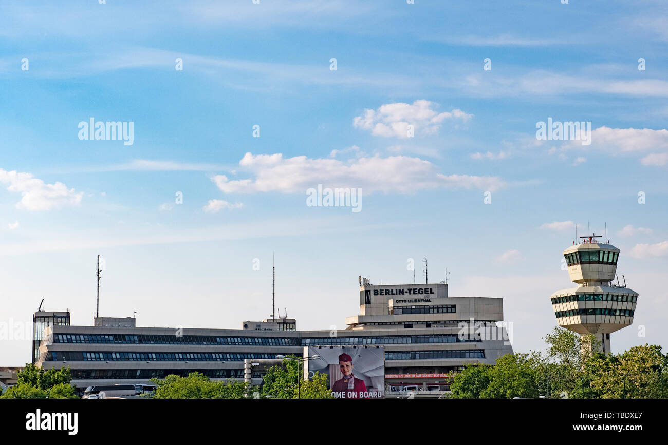 Berlin, Germany. 24th May, 2019. The tower of Tegel Airport and the main building of the airport. Credit: Paul Zinken/dpa/Alamy Live News Stock Photo