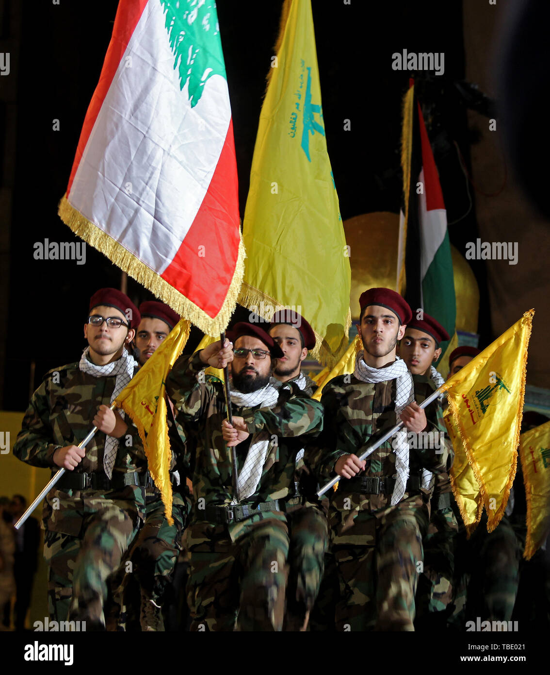 Beirut, Lebanon. 31st May, 2019. Pro-Iranian Hezbollah fighters take