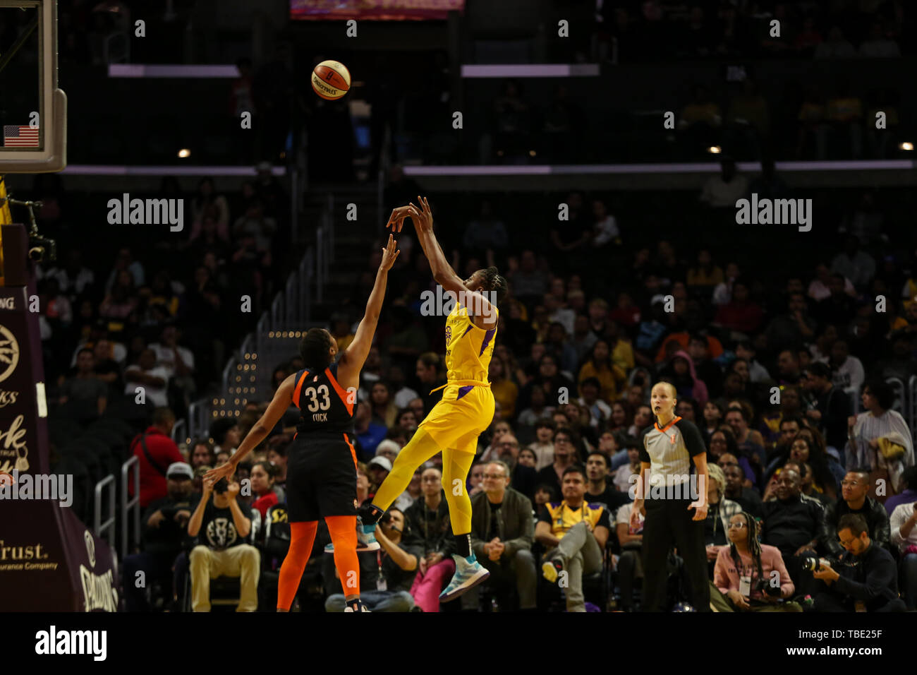 Los Angeles Sparks forward Nneka Ogwumike #30 from deep during the Connecticut Sun vs Los Angeles Sparks game at Staples Center in Los Angeles, Ca on May 31, 2019. (Photo by Jevone Moore) Stock Photo