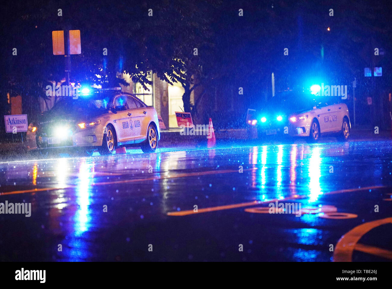 Virginia Beach, Virginia, USA. 1st June, 2019. Photo taken on June 1, 2019 shows Virginia State Police cruisers near Municipal Center in Virginia Beach, Virginia, the United States. The death toll rose to 12 plus the suspect shooter in a mass shooting on Friday at the Virginia Beach Municipal Center in the eastern U.S. state of Virginia, local police said. The 12th victim died on the way to the hospital, said Virginia Beach Police Chief Jim Cervera, adding that four others were injured. Credit: Liu Jie/Xinhua/Alamy Live News Stock Photo