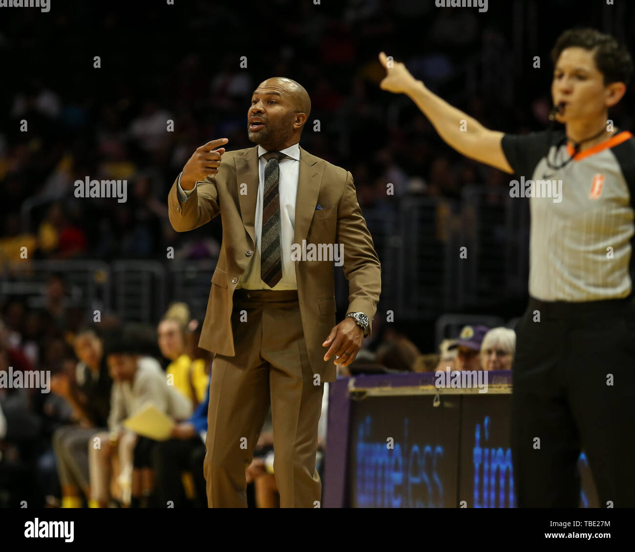 Los Angeles Sparks Derek Fisher during the Connecticut Sun vs Los Angeles Sparks game at Staples Center in Los Angeles, Ca on May 31, 2019. (Photo by Jevone Moore) Stock Photo
