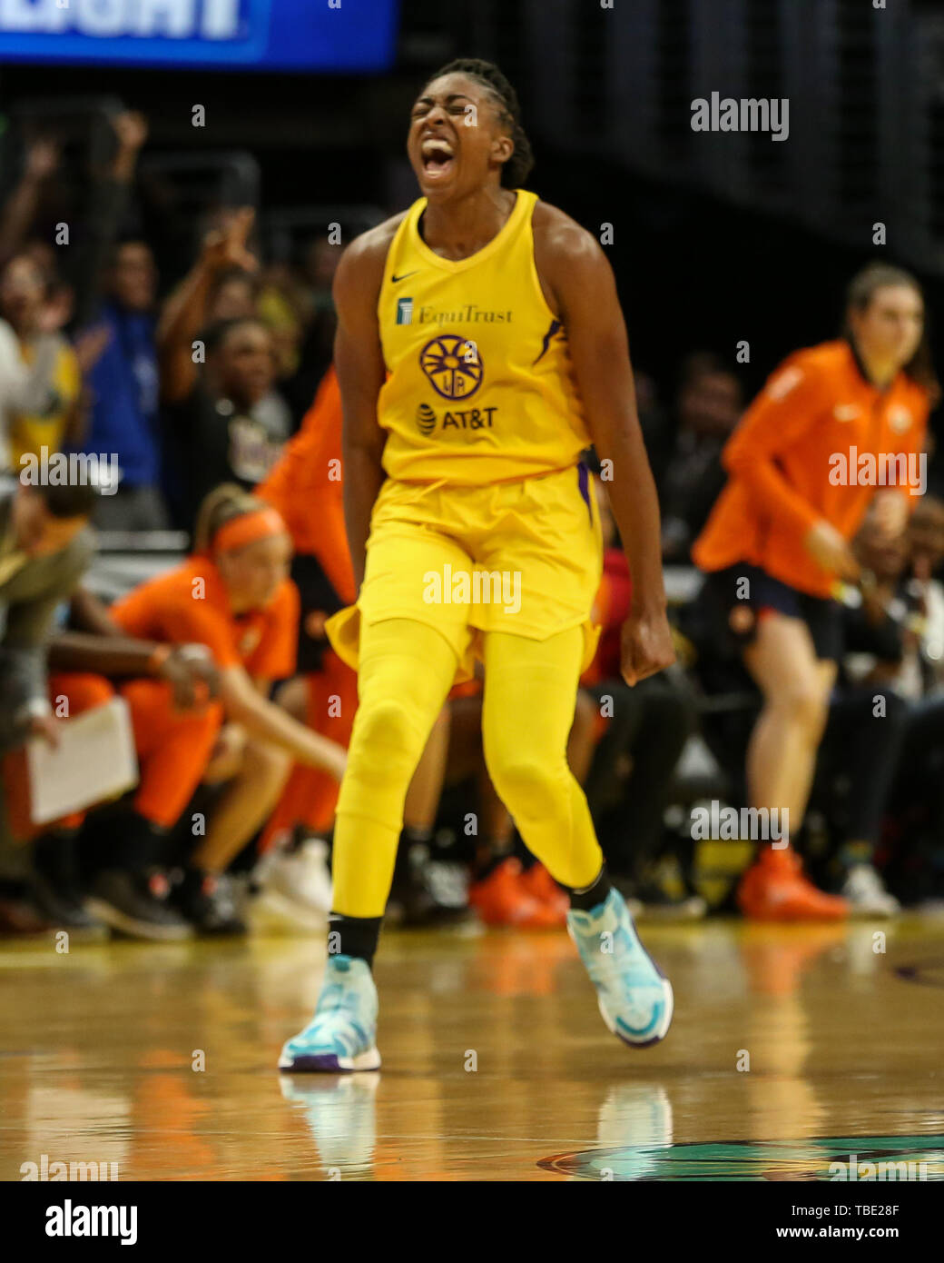 Los Angeles Sparks forward Nneka Ogwumike #30 yells during the Connecticut Sun vs Los Angeles Sparks game at Staples Center in Los Angeles, Ca on May 31, 2019. (Photo by Jevone Moore) Stock Photo
