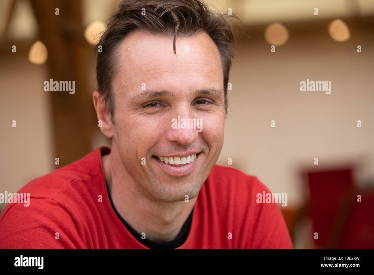 The Hay Festival, Hay on Wye, Wales UK , Saturday 01 June 2019.   Markus Zusak, austrailan writer and novelist  ,  best known for The Book Thief and The Messenger, which became international bestsellers. He won the Margaret A. Edwards Award in 2014 for his contributions to young-adult literature published in the USA. Appearing at the 2019 Hay Festival   The festival, now in its 32nd year, held annually in the small town of Hay on Wye on the Wales - England border,  attracts the finest writers, politicians and intellectuals from  across the globe for 10 days of talks and discussions, celebratin Stock Photo