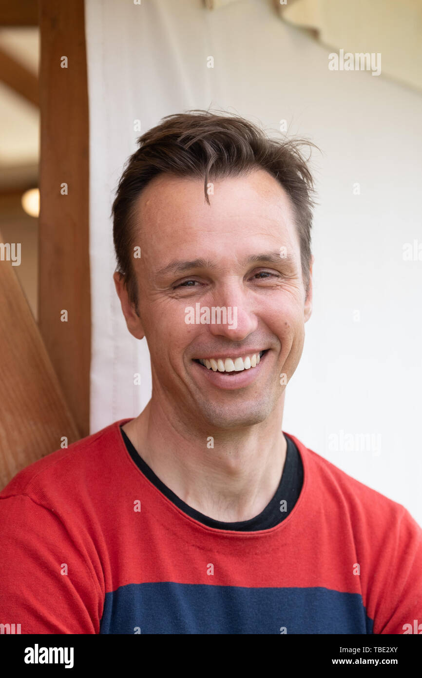 The Hay Festival, Hay on Wye, Wales UK , Saturday 01 June 2019.   Markus Zusak, austrailan writer and novelist  ,  best known for The Book Thief and The Messenger, which became international bestsellers. He won the Margaret A. Edwards Award in 2014 for his contributions to young-adult literature published in the USA. Appearing at the 2019 Hay Festival   The festival, now in its 32nd year, held annually in the small town of Hay on Wye on the Wales - England border,  attracts the finest writers, politicians and intellectuals from  across the globe for 10 days of talks and discussions, celebratin Stock Photo