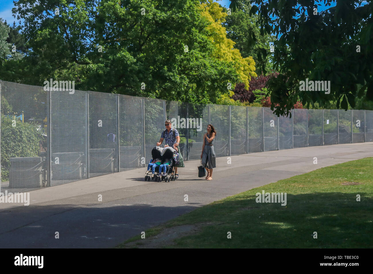 London UK. 1st June 2019. High steel mesh security fences are erected around the perimeter of the American Ambassador's residence at Winfield House in Regent's  Park ahead of the State Visit of US President Donald Trump London UK. 1st June 2019. The minaret of  Regent's Park mosque seen next to security fences which have been installed around Winfield House residence of the Ambassador of the United States of America in Regent's Park ahead of the State Visit of President Donald Trump Credit: amer ghazzal/Alamy Live News Stock Photo