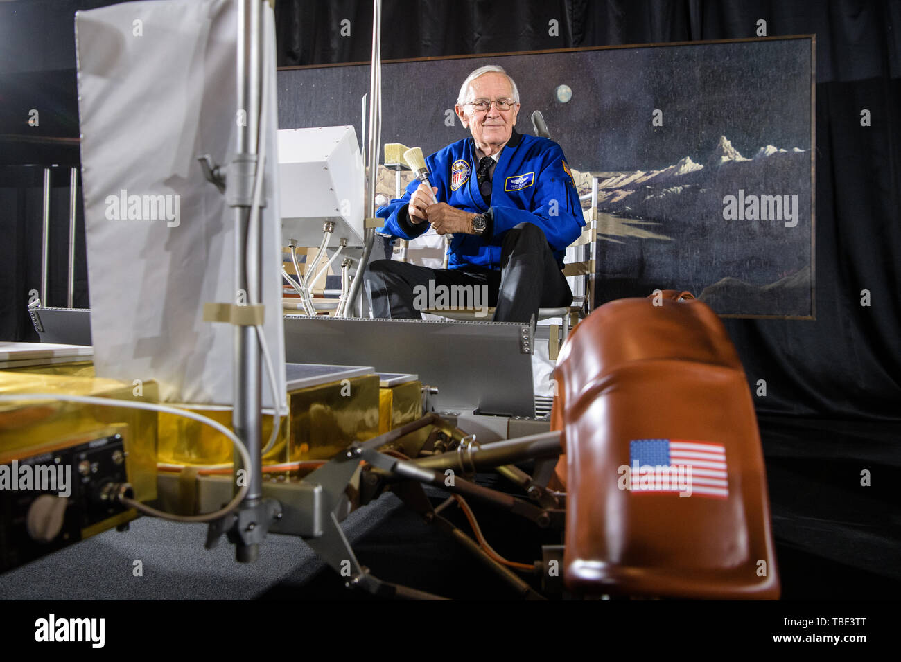Munich, Germany. 01st June, 2019. Charlie Duke, former US astronaut, sits in a replica of a moon car (Lunar Roving Vehicle) at a press conference for the 50th anniversary of the moon landing in the Deutsches Museum. Duke is one of four people who were on the moon and can still talk about it. Credit: Matthias Balk/dpa/Alamy Live News Stock Photo
