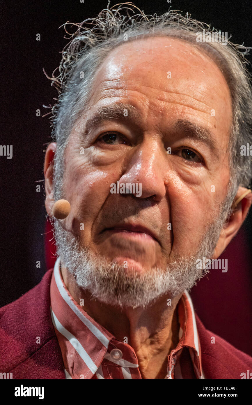 The Hay Festival, Hay on Wye, Wales UK , Saturday 01 June  2019.  JARED DIAMOND, American geographer, historian, and author best known for his popular science books The Third Chimpanzee (1991); Guns, Germs, and Steel (1997, which was awarded a Pulitzer Prize); Collapse (2005); and The World Until Yesterday (2012)..  Appearing on stage at the 2019 Hay Festival  The festival, now in its 32nd year, held annually in the small town of Hay on Wye on the Wales - England border,  attracts the finest writers, politicians and intellectuals from  across the globe for 10 days of talks and discussions, cel Stock Photo