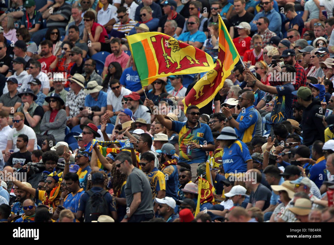 Cardiff, Wales, UK. 1st June 2019, Sophia Gardens Cardiff, cardiff, Wales ; ICC World Cup Cricket test match, New Zealand versus Sri Lanka; Sri Lanka fans wave flags in the crowd Stock Photo
