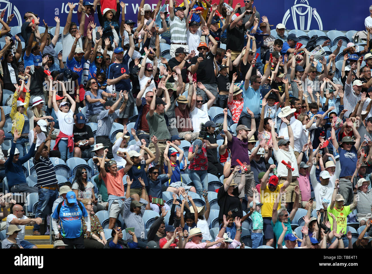 Cardiff, Wales, UK. 1st June 2019, Sophia Gardens Cardiff, cardiff, Wales ; ICC World Cup Cricket test match, New Zealand versus Sri Lanka; Fans perform a Mexican wave during a drinks break Stock Photo