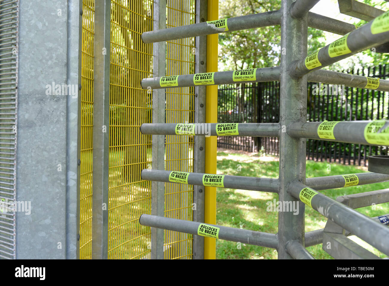 London, UK.  1 June 2019. A gate with anti-Brexit stickers amidst security fences have been installed around Winfield House in Regent's Park ahead of the State Visit of President Donald Trump.  Winfield House is the residence of the Ambassador of the United States of America to the Court of St. James’s and will host the US President during his visit.   Credit: Stephen Chung / Alamy Live News Stock Photo