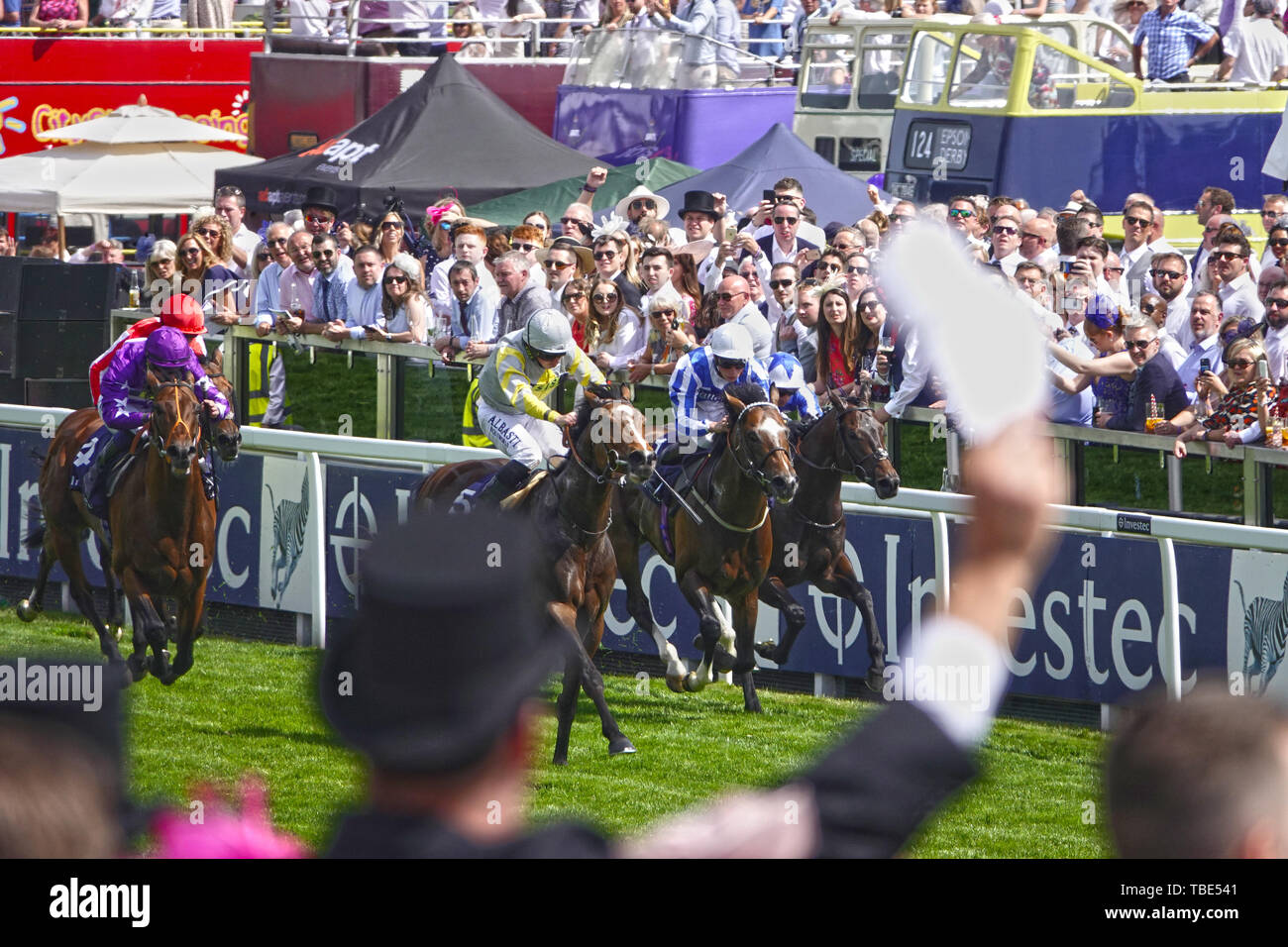 Epsom Downs, Surrey, UK. 1st June, 2019. Epsom Downs, Surrey, UK   Zaaki ridden by Ryan Moore wins the Investec Diomed Stakes on Derby day at  the Investec Derby Festival Credit: Motofoto/Alamy Live News Stock Photo