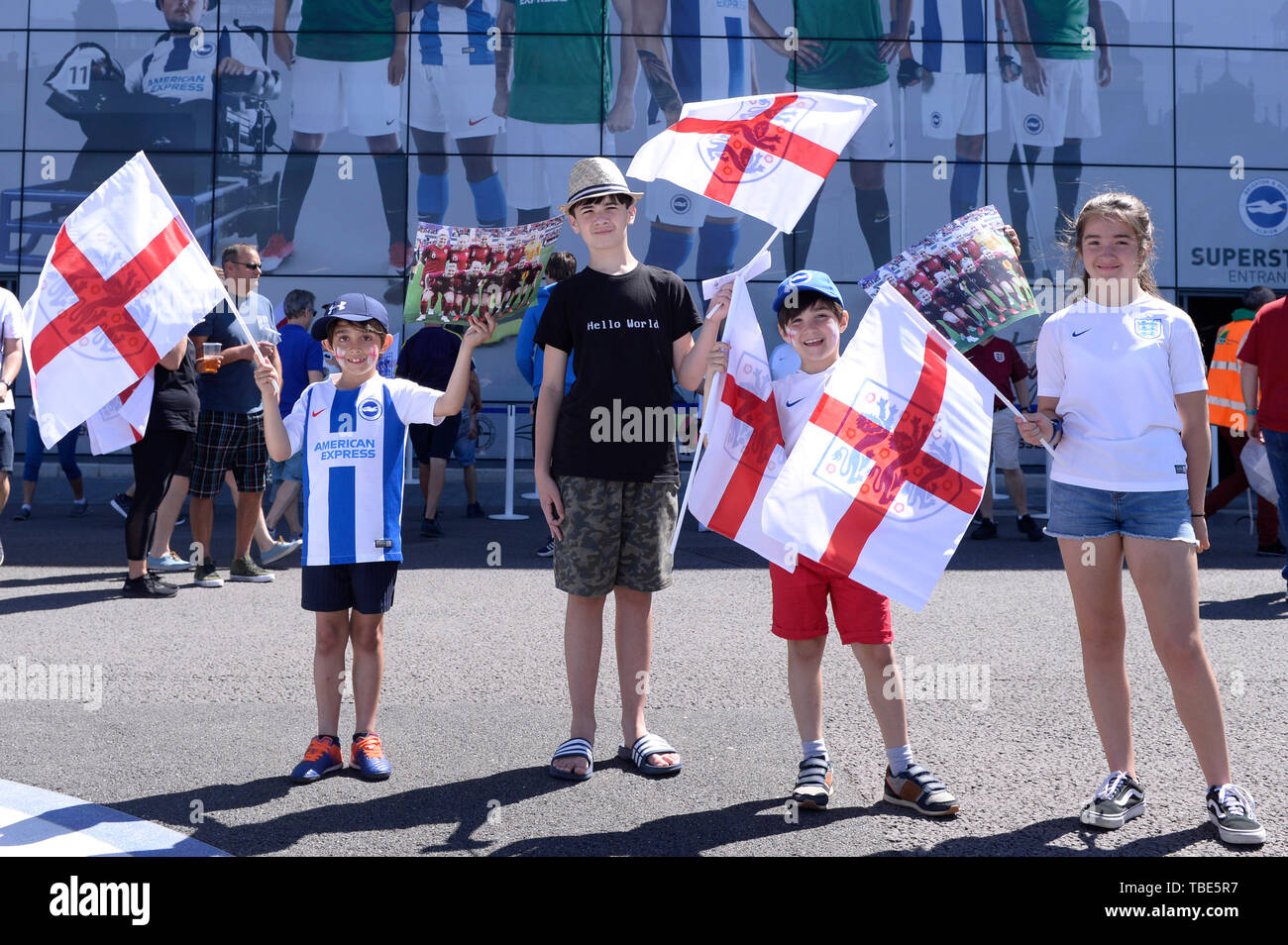 BRIGHTON, United Kingdom. 01st June, 2019. Young England Women fans arrive for the Women's International Friendly between England Women and New Zealand Women at Falmer Stadium Stadium, Brighton, on 01 June 2019 Credit: Action Foto Sport/Alamy Live News Stock Photo