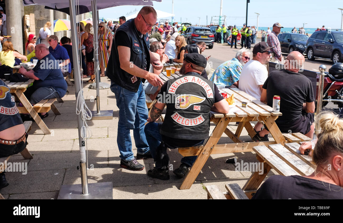 Brighton UK 1st June 2019 - Hundreds of Hells Angels gather on Brighton seafront as part of the clubs 50th anniversary celebration weekend . Over 3000 bikers from  around the world gathered in Surrey before heading down to Brighton today  . Credit : Simon Dack / Alamy Live News Stock Photo