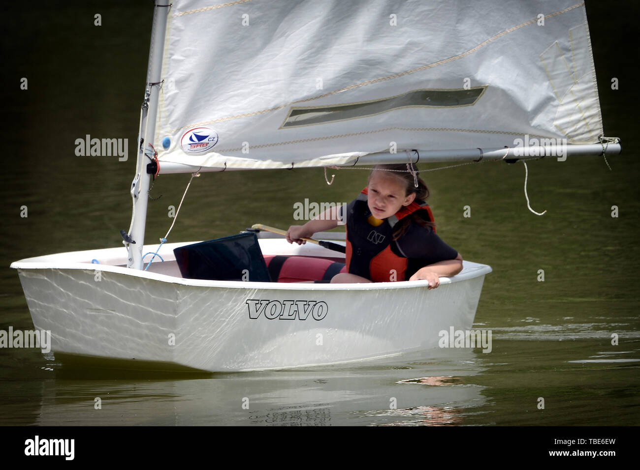 Stare Splavy, Czech Republic. 1st June, 2019. Young competitors starting the race for the Optimist sailing at Lake Macha in Stare Splavy in the Czech Republic. The Optimist single-handed sailing dinghy intended for use by children up to the age of 15. Credit: Slavek Ruta/ZUMA Wire/Alamy Live News Stock Photo