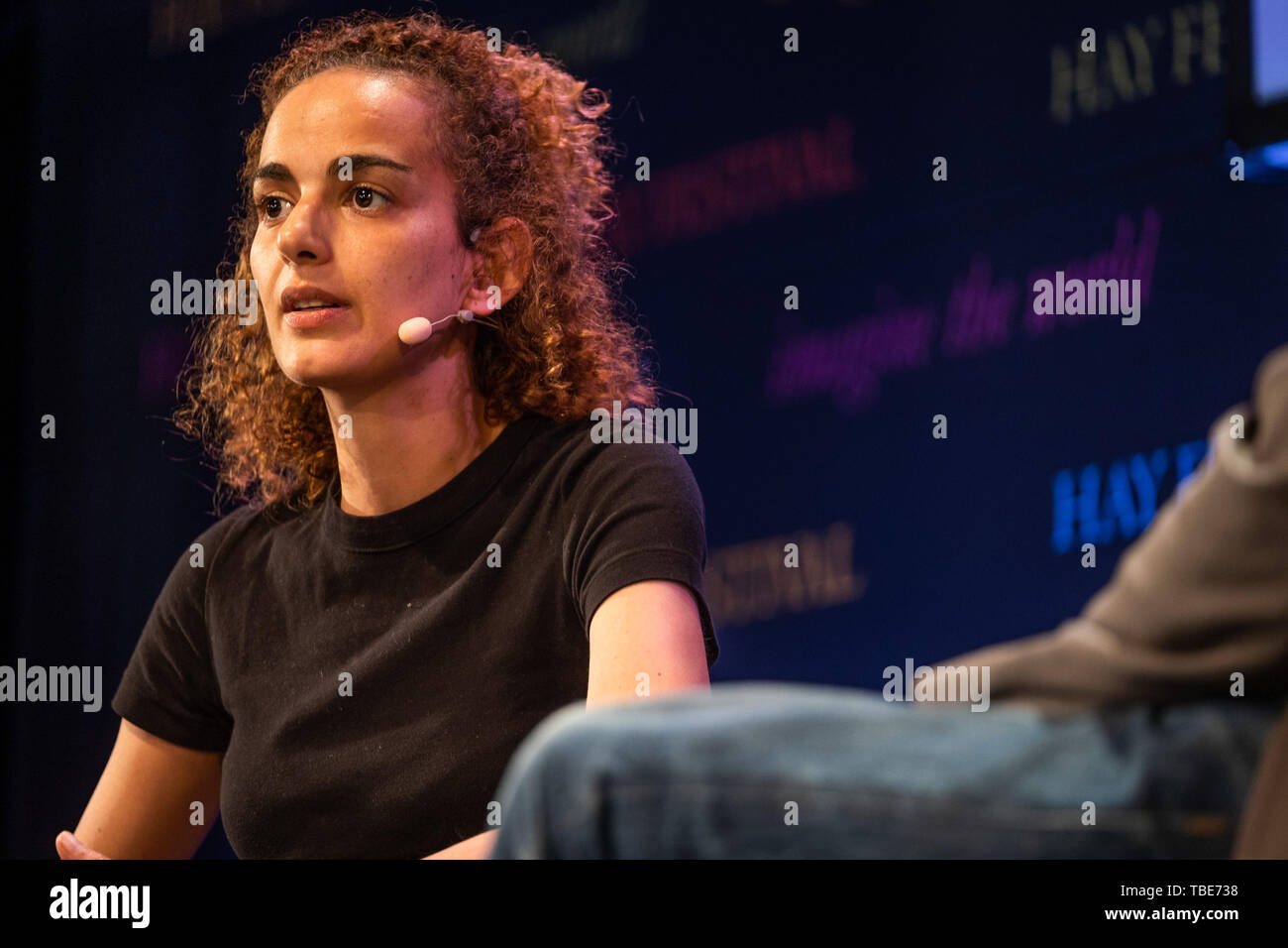 The Hay Festival, Hay on Wye, Wales UK , Saturday 01 June 2019.   Leïla Slimani,  Franco-Moroccan writer and journalist. In 2016 she was awarded the Prix Goncourt for her novel Chanson douce.  Appearing on stage at the 2019 Hay Festival  The festival, now in its 32nd year, held annually in the small town of Hay on Wye on the Wales - England border,  attracts the finest writers, politicians and intellectuals from  across the globe for 10 days of talks and discussions, celebrating the best of the written word and critical debate  Photo © Keith Morris / Alamy Live News Stock Photo