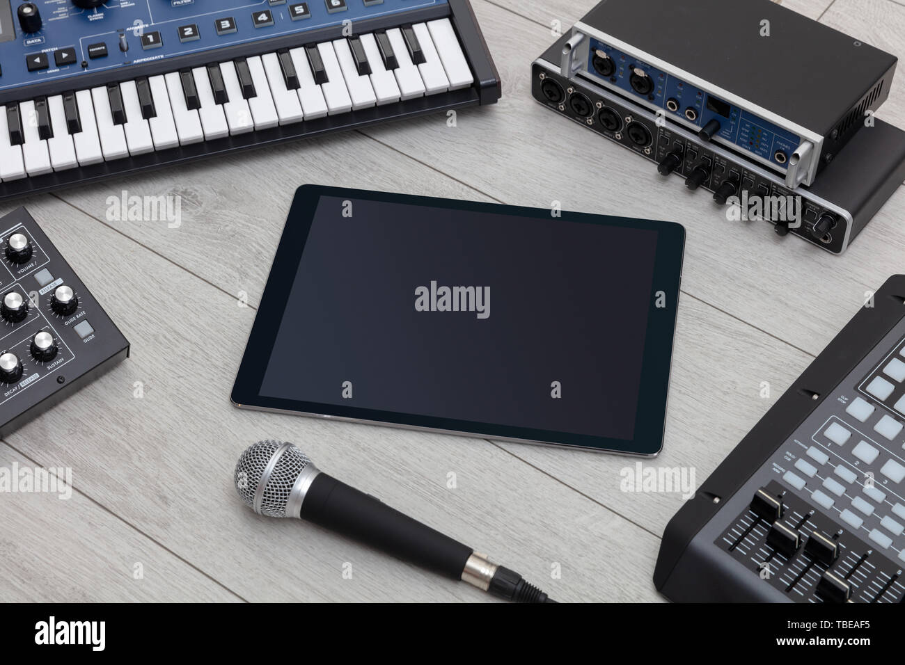 Empty tablet and electronic music instruments Stock Photo Alamy