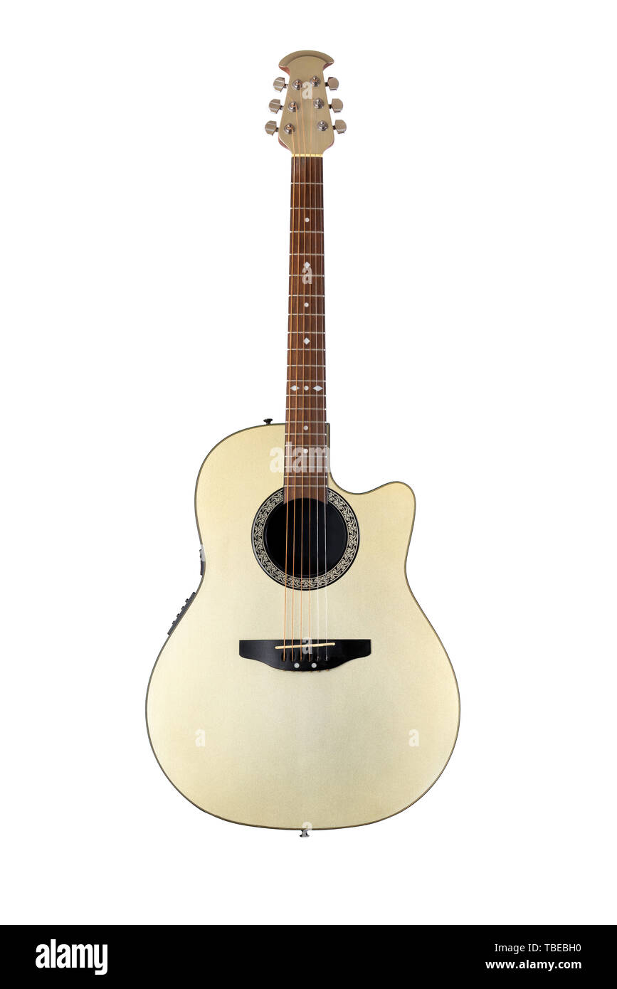 Musical instrument wooden six-string guitar silver isolated on white ...