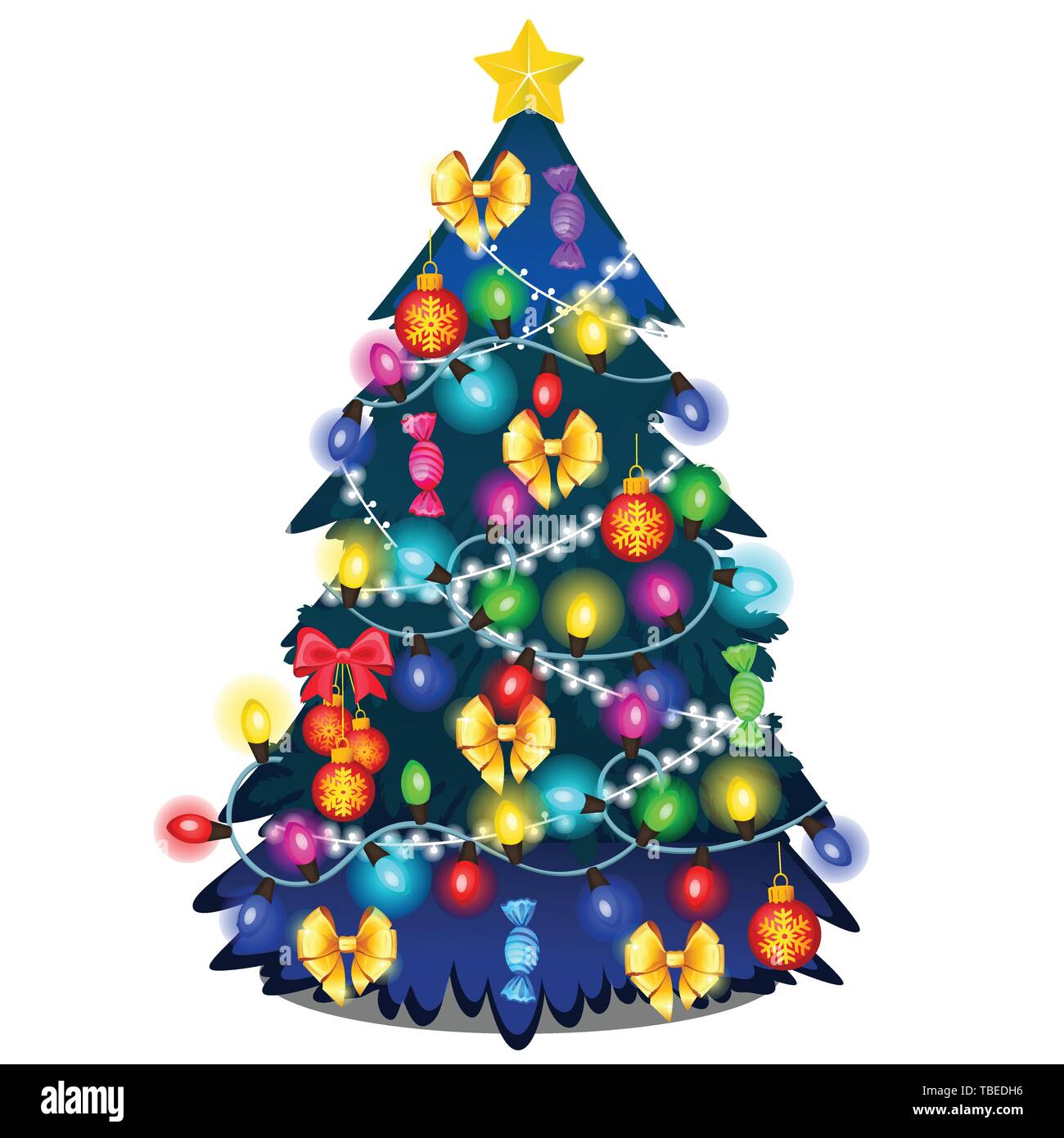 Christmas tree with glowing garland, glass baubles isolated on white background. Sample of poster, party holiday invitation, festive card. Vector Stock Vector