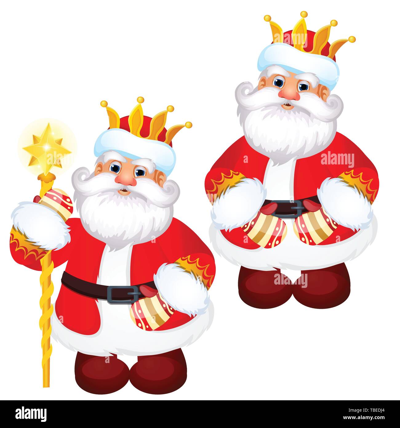 Funny Santa Claus in a gold royal crown with a golden staff isolated on white background. Sample of poster, party holiday invitation, festive banner Stock Vector