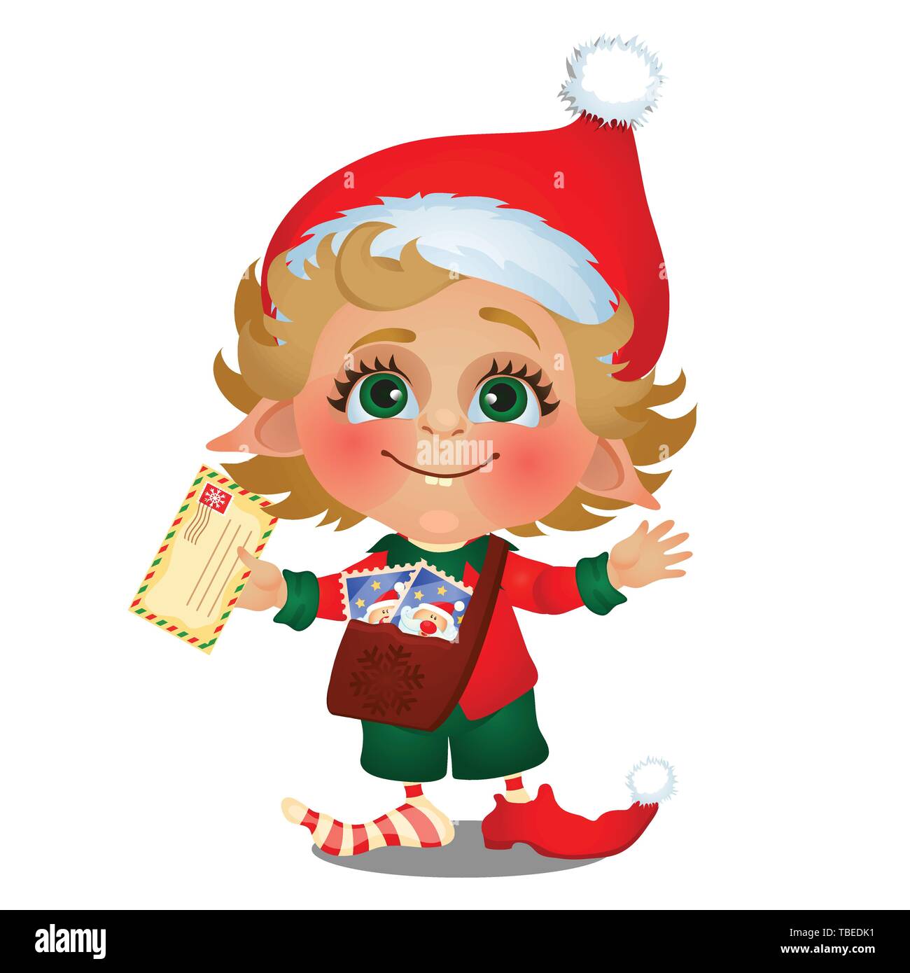 Santa helper delivers mail isolated on white background. Sample of poster, party holiday invitation, festive card. Vector cartoon close-up Stock Vector