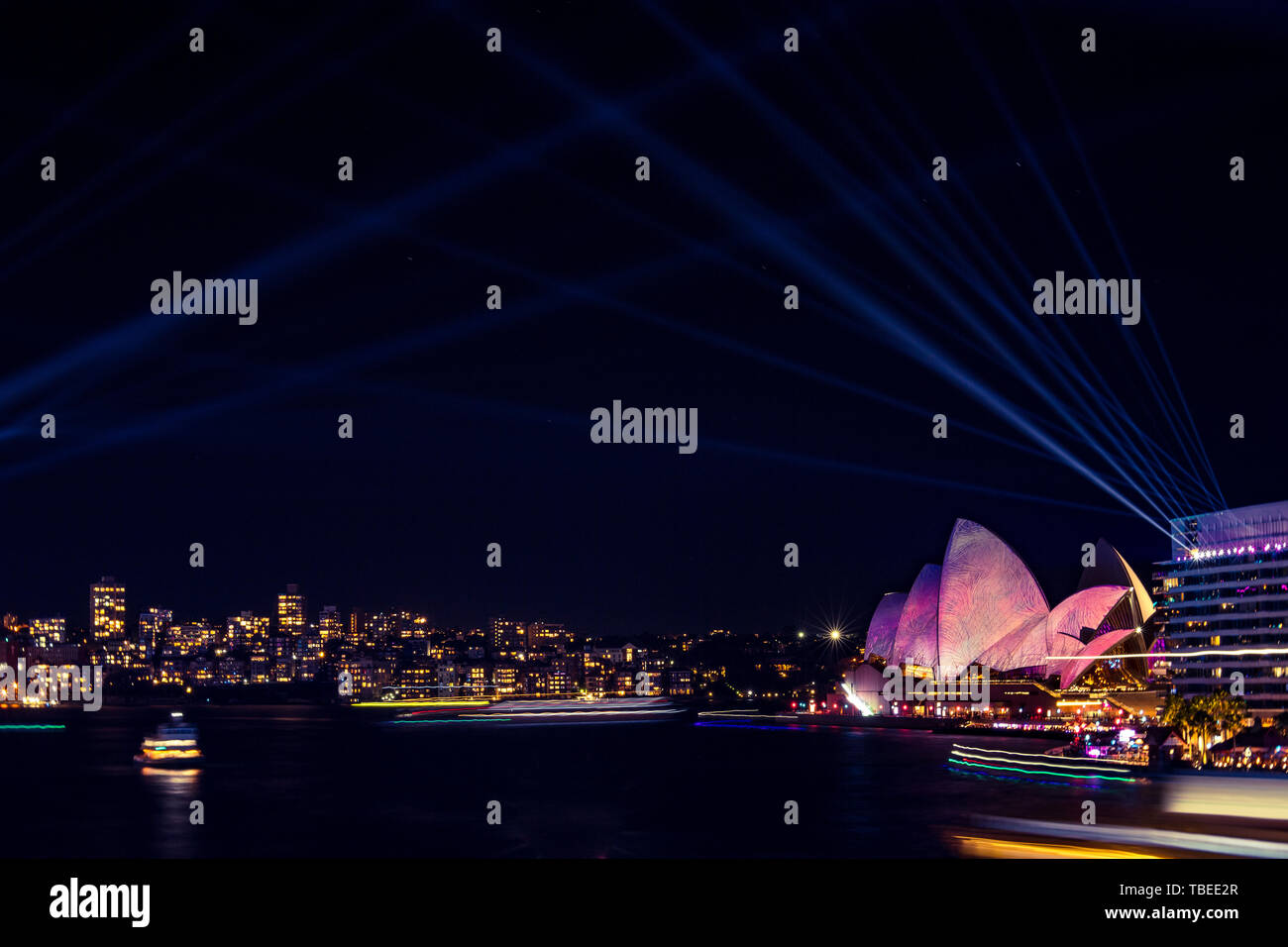 Sydney Harbour at night during the popular annual light festival, Vivid. Stock Photo