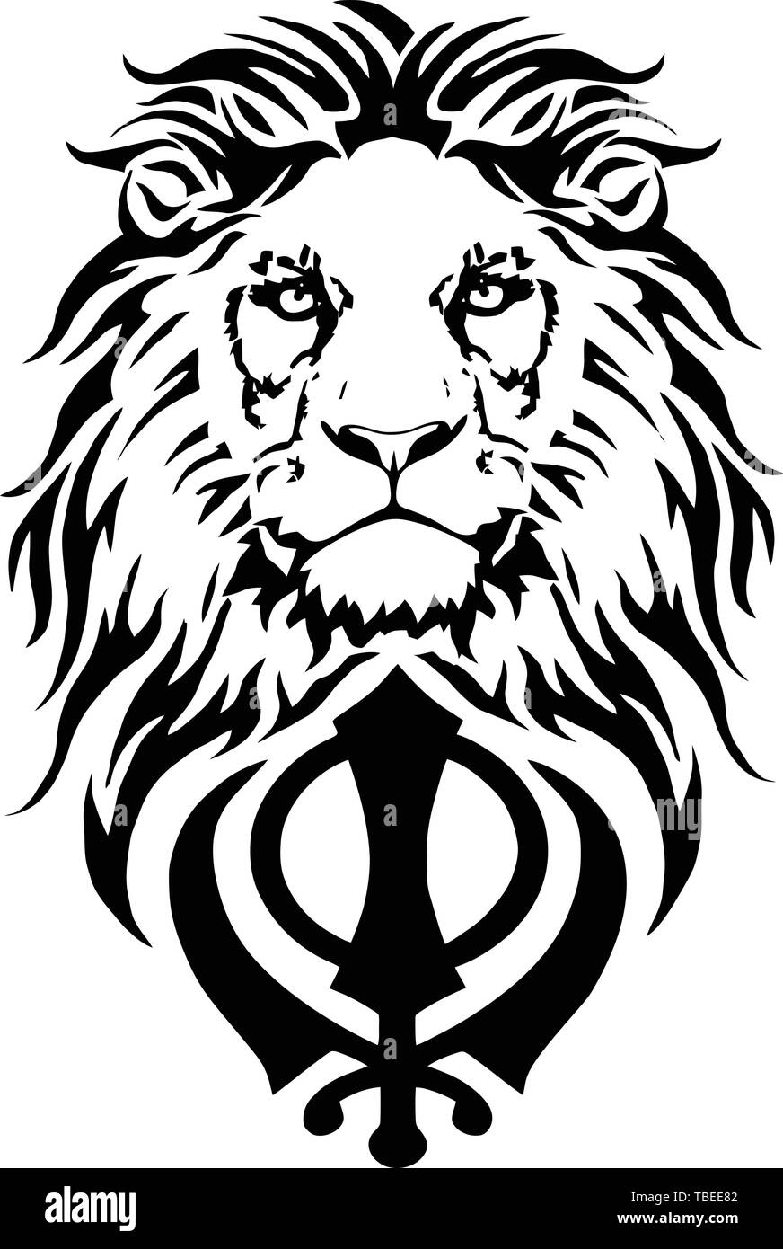 Khanda is the most significant symbol of Sikhism, decorated with a Lion with a long mane, on a white background, isolated, drawing for tattoo, vector Stock Vector