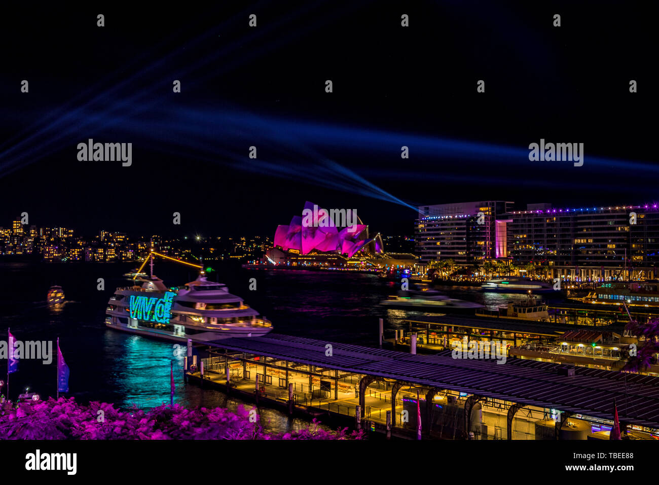 Sydney Harbour at night during the popular annual light festival, Vivid. Stock Photo