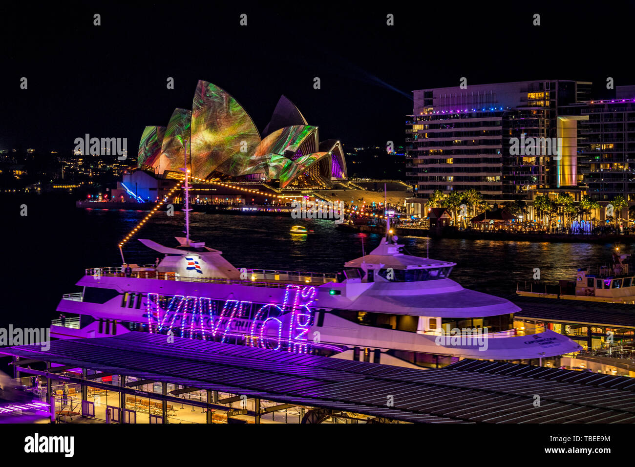 Sydney Harbour at night during the popular annual light festival, Vivid. Stock Photo