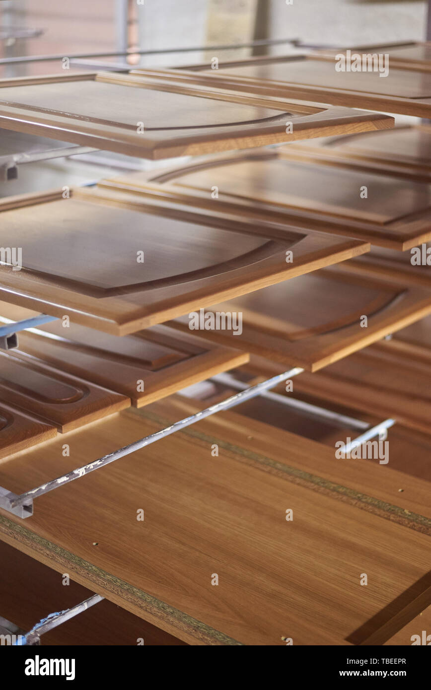 Wood doors varnished and drying in a carpentry Stock Photo Alamy
