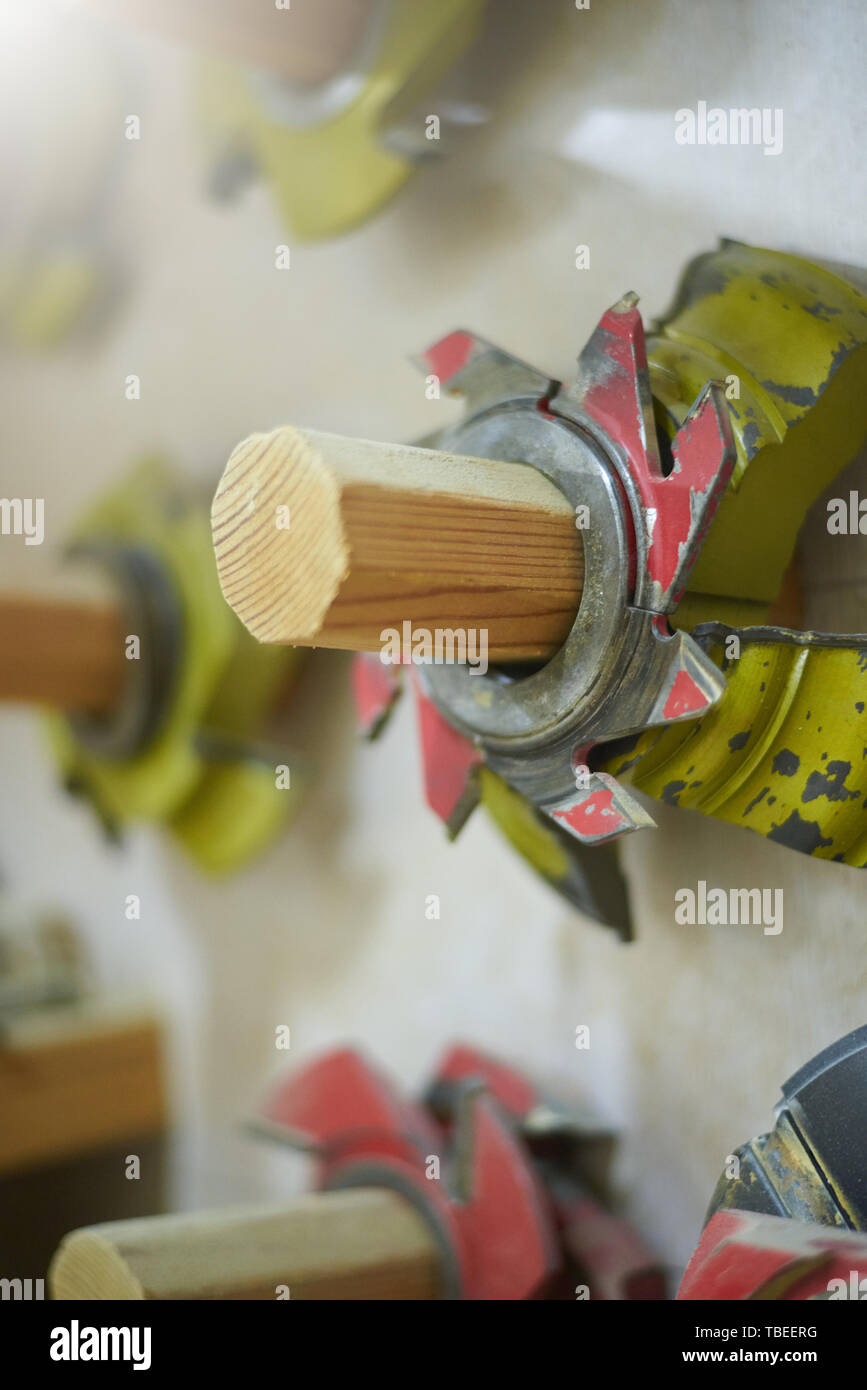 Carpenter saws in a woodworking workshop Stock Photo