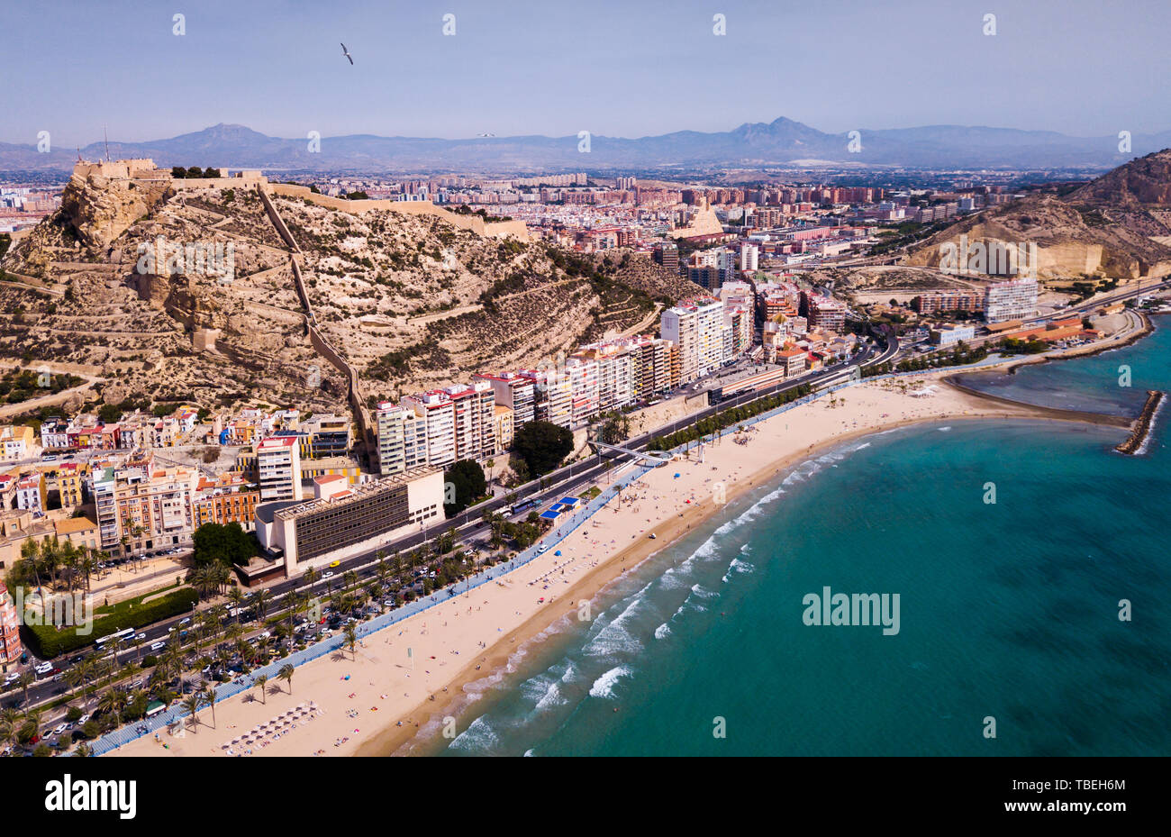 Aerial View Of Holiday Sand Beach And City Alicante Spain Stock Photo aerial-view-of-holiday-sand-beach-and-city-alicante-spain-stock-photo