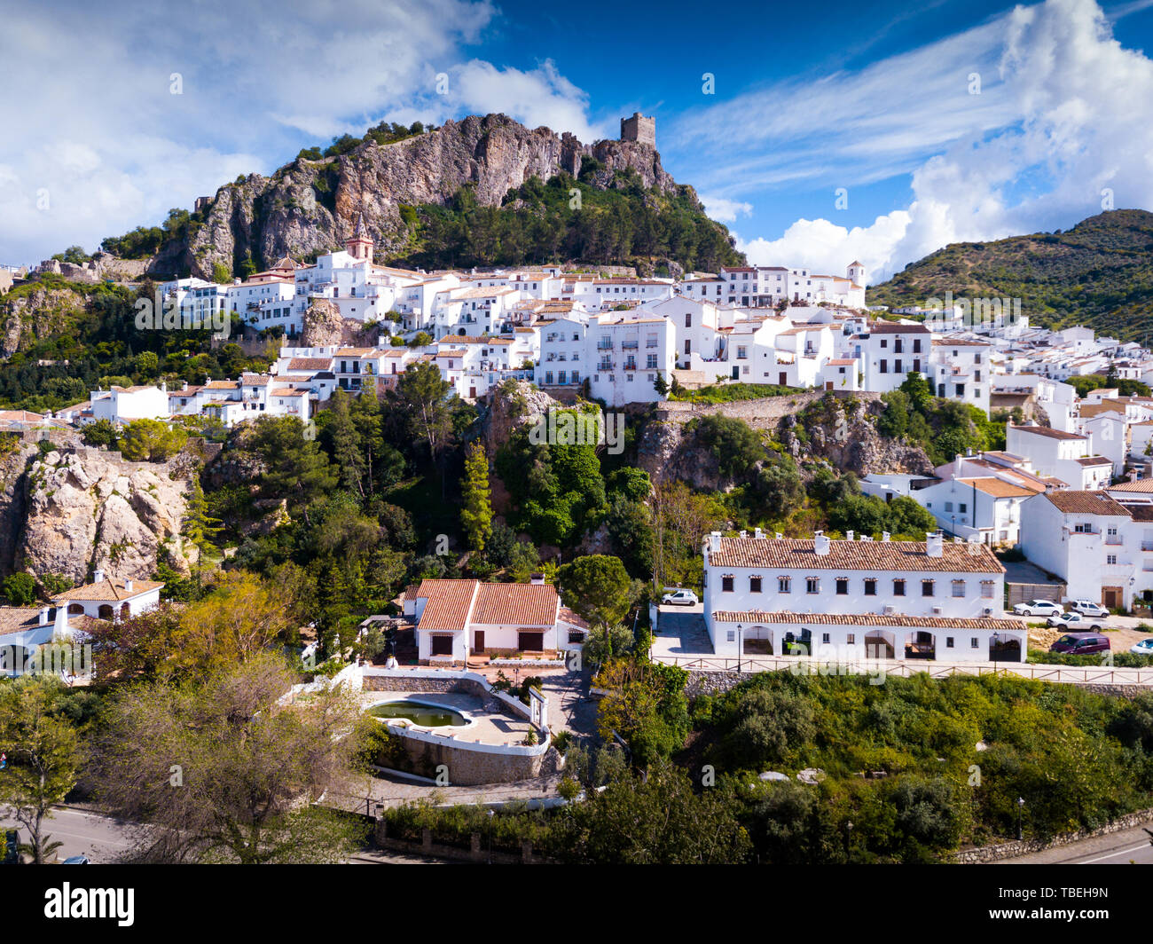 Picturesque aerial view of snow white houses of Zahara de la Sierra on ...