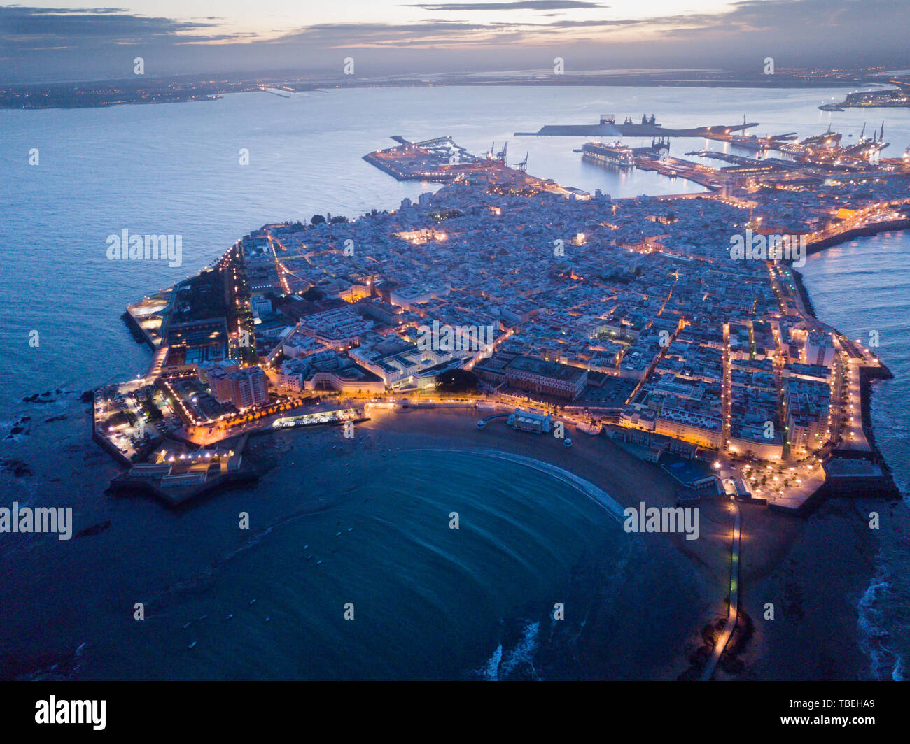 Aerial view of Spanish port city of Cadiz on peninsula in Atlantic Ocean  early in morning Stock Photo - Alamy
