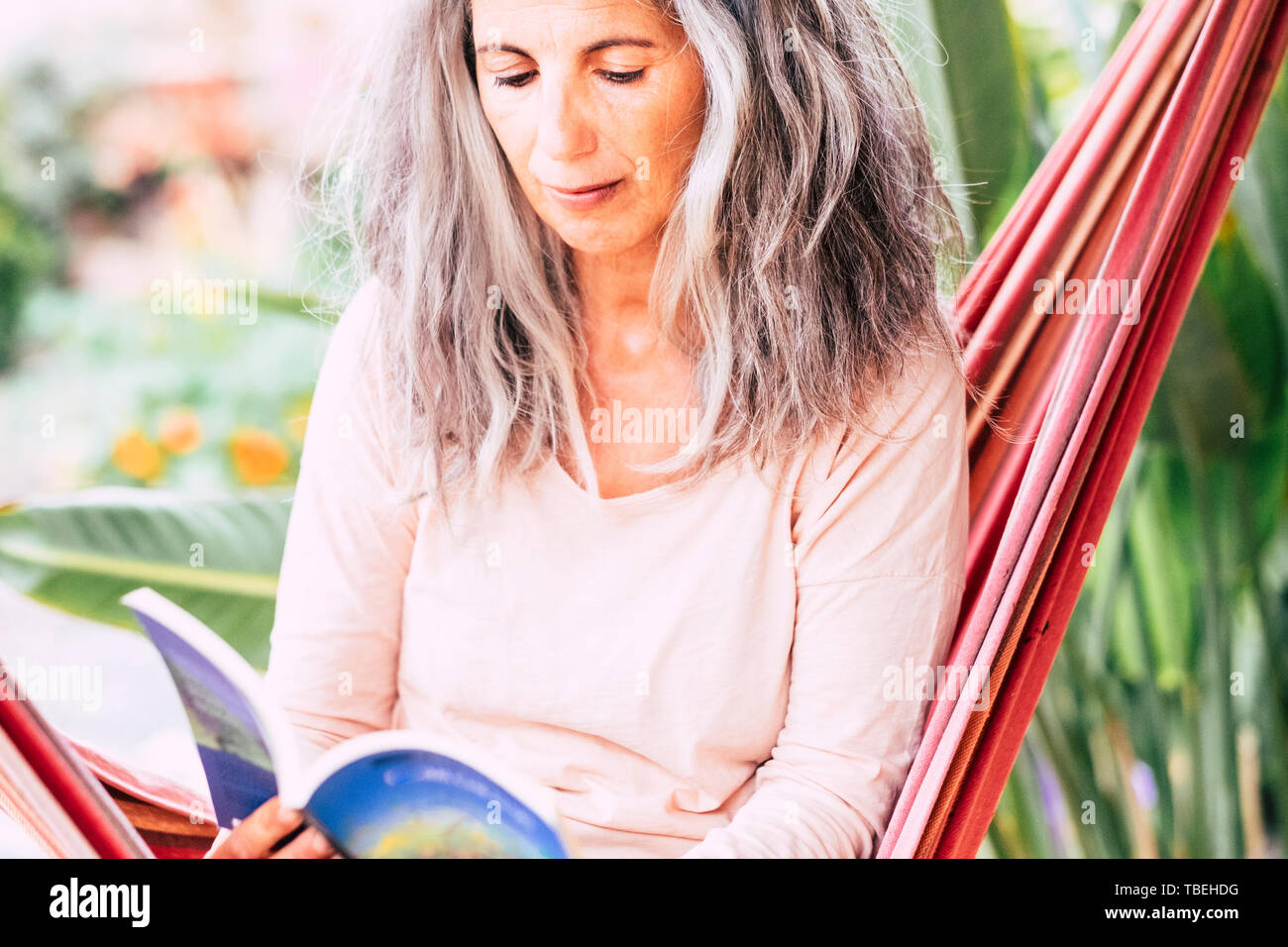 Adult Alternative White Gray Long Hair Woman Enjoy The Relax