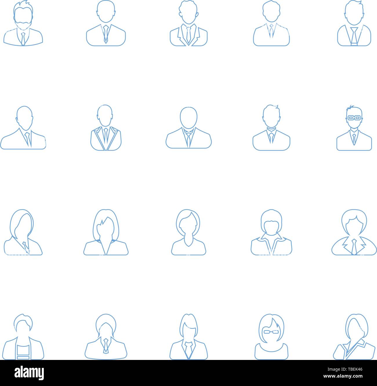 Men and women avatar icons set blue - vector. Line art business people ...