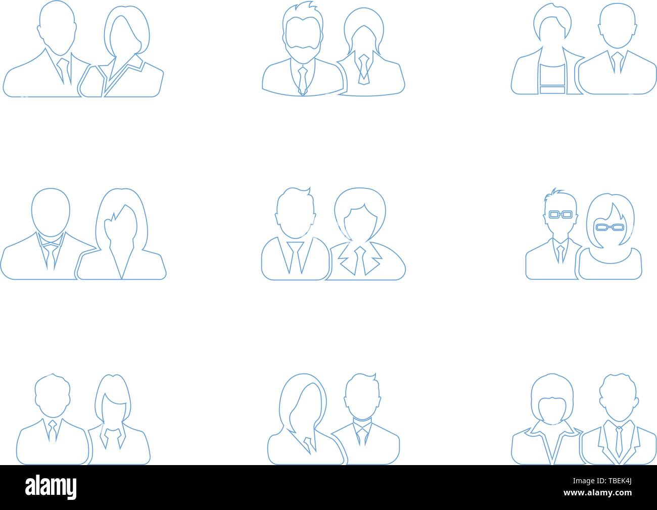 Men and women avatar icons set blue - vector. Line art business people ...