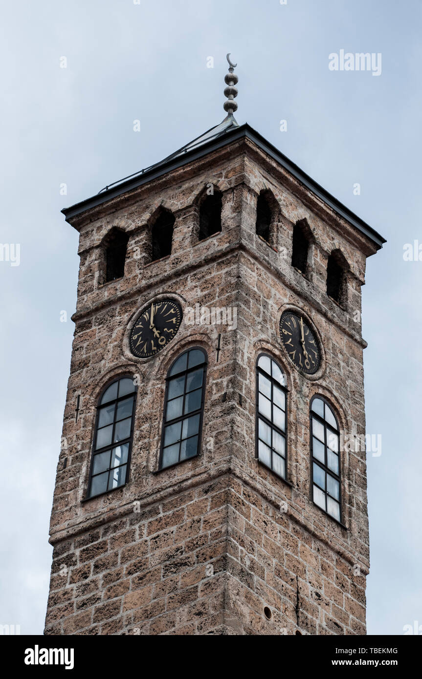 Sarajevo: the Sarajevska sahat kula, the Clock Tower built by Gazi Husrev-beg, governor of the area during the Ottoman period, the tallest of Bosnia Stock Photo
