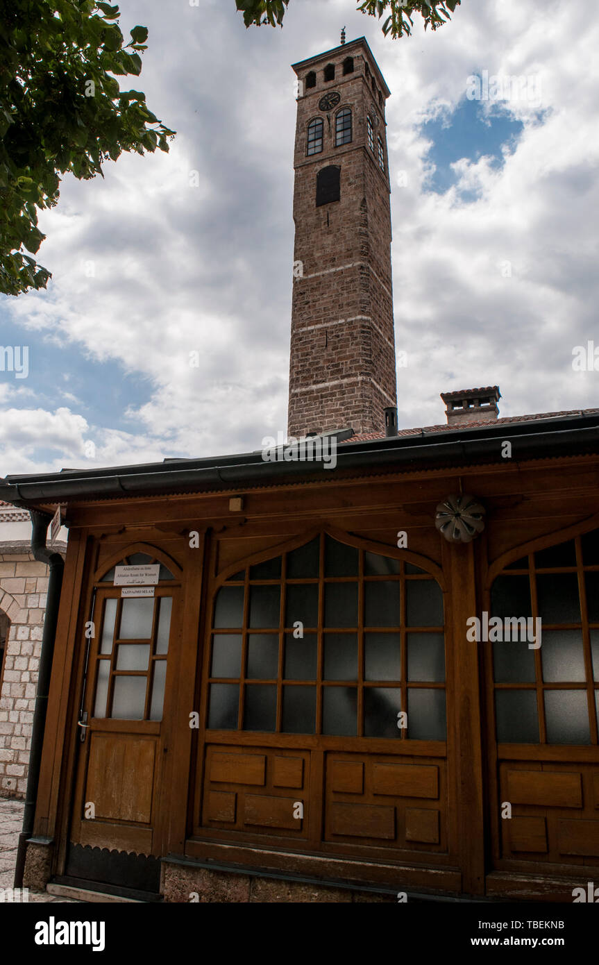 Sarajevo: the Sarajevska sahat kula, the Clock Tower built by Gazi Husrev-beg, governor of the area during the Ottoman period, the tallest of Bosnia Stock Photo
