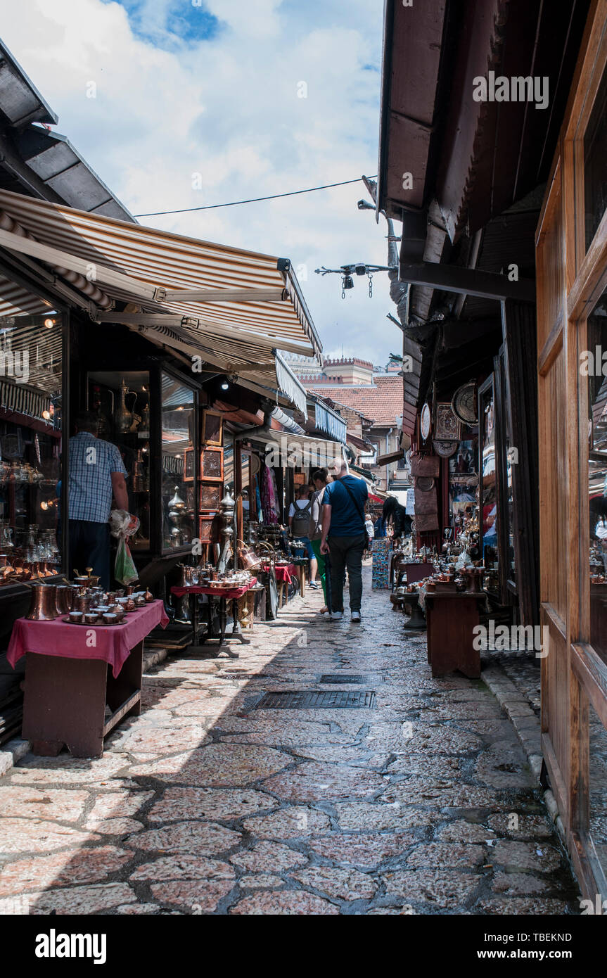 Sarajevo: coppersmith workshops seen walking in the Coppersmith Street within the heart of Bascarsija, old bazaar and  historical center of the city Stock Photo