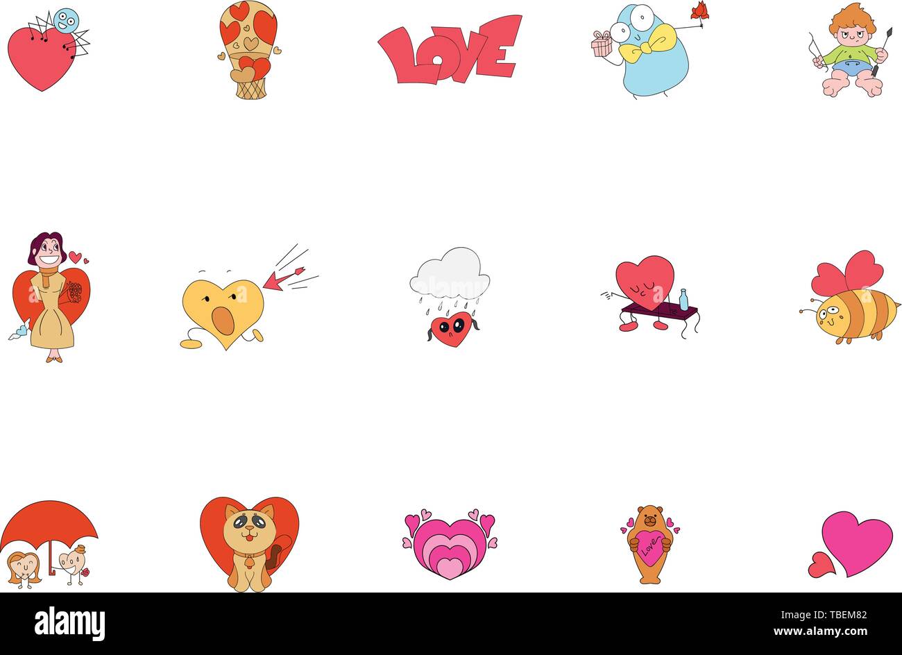 Set of patch badges and stickers with cute hearts characters ...