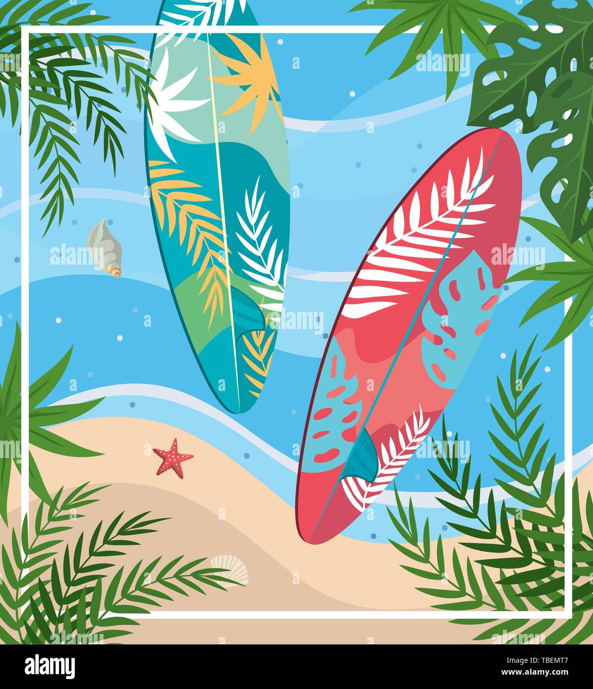surfboards with starfish and shell with leaves plants in the beach to ...