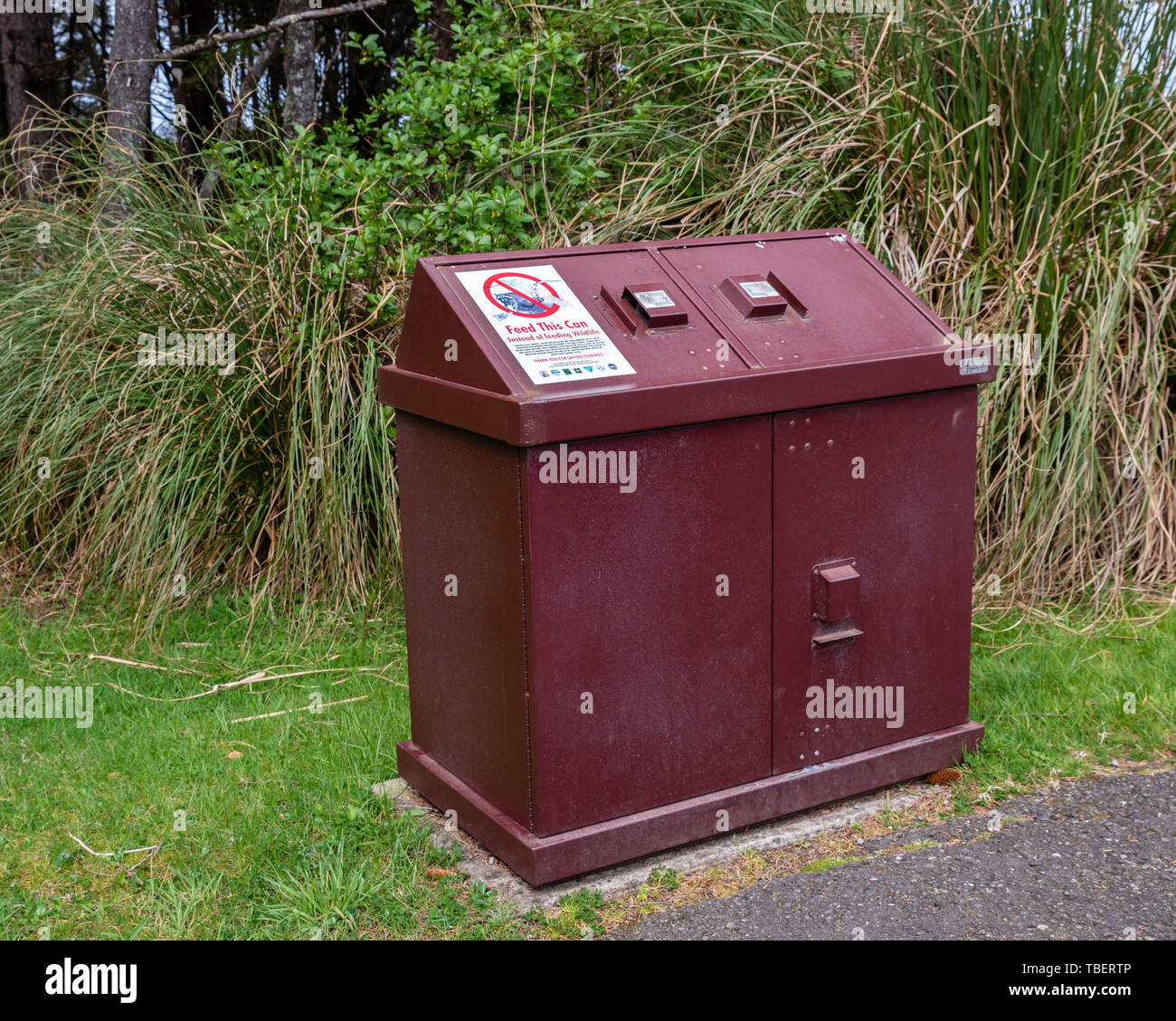 Wildlife safe garbage container at Shore Acres State Park, Coos Bay