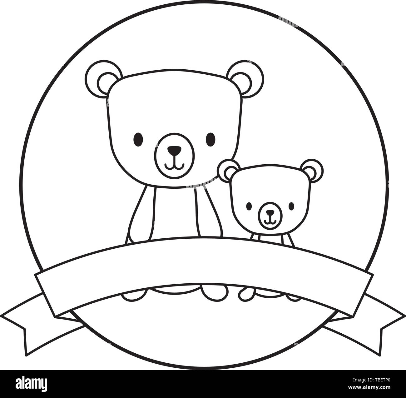 cute bears animals in frame circular with ribbon vector illustration ...