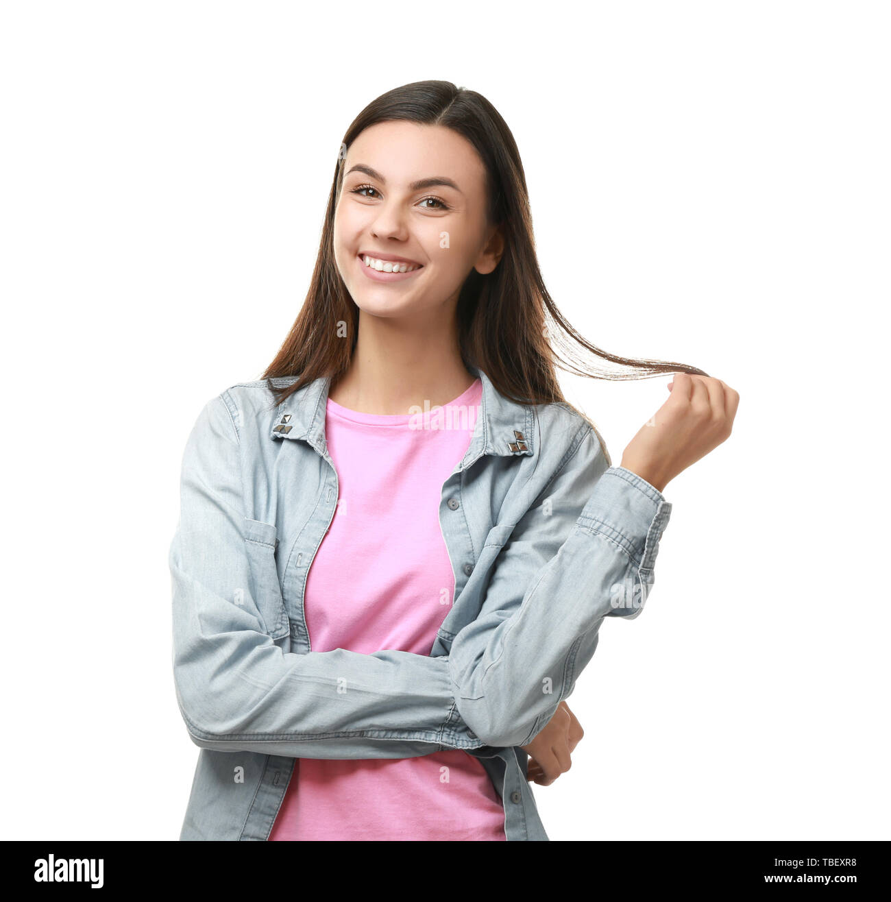 Portrait of beautiful young woman on white background Stock Photo - Alamy