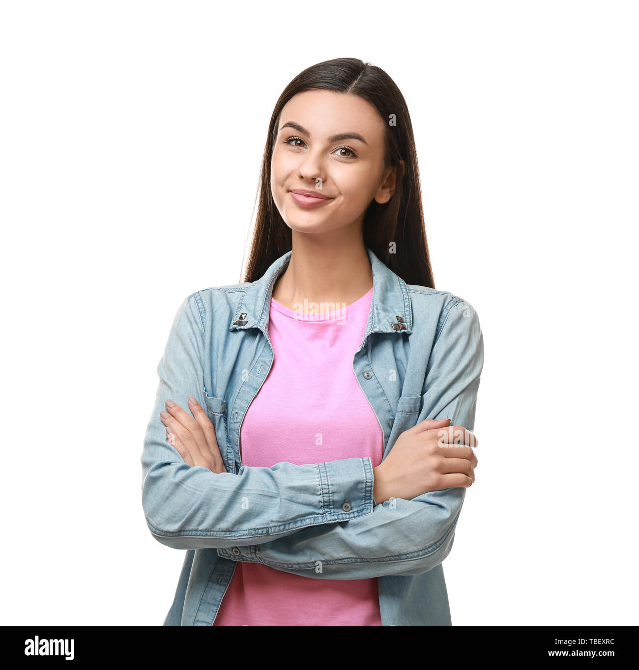 Portrait of beautiful young woman on white background Stock Photo - Alamy