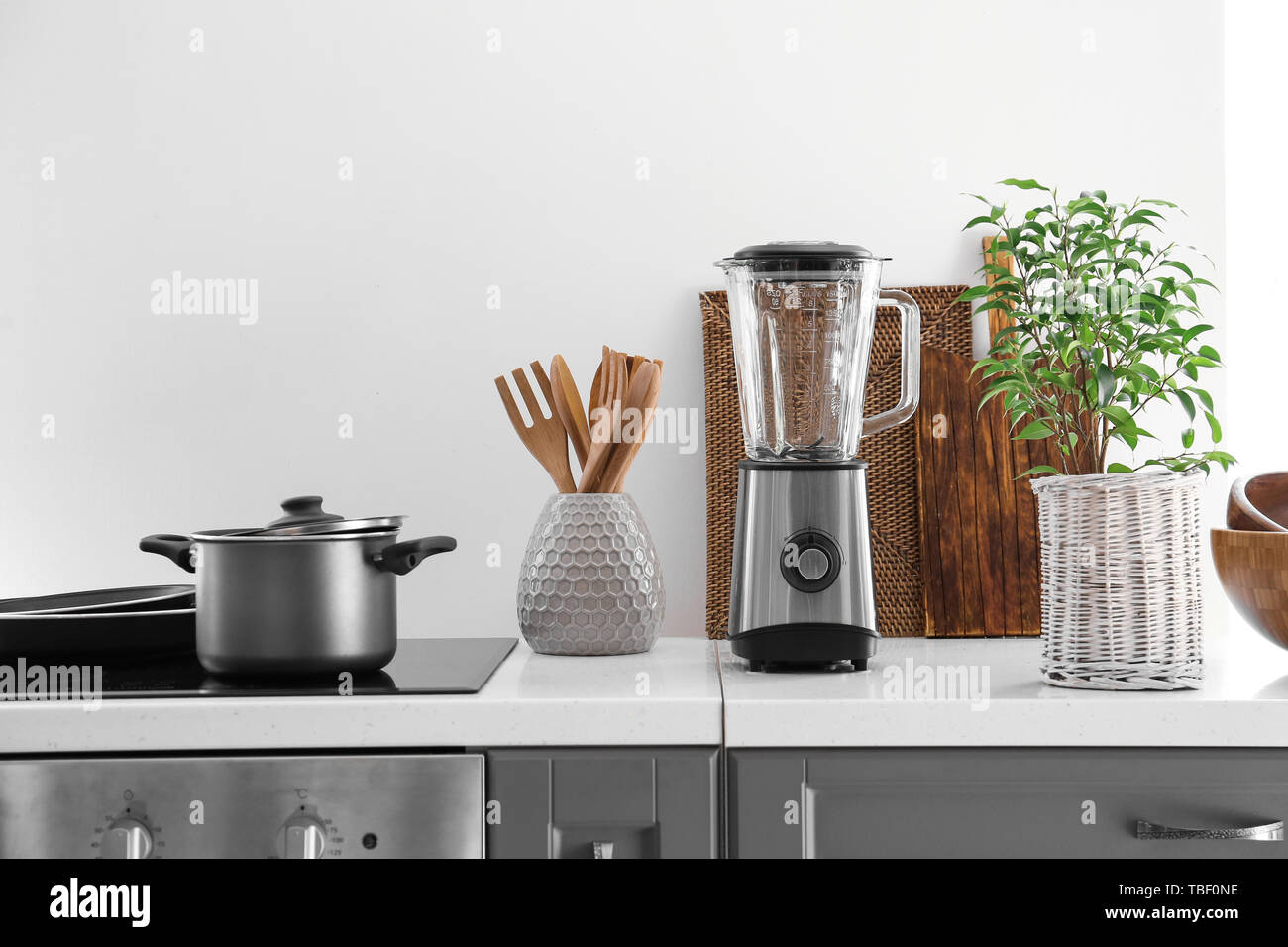 Set Of Utensils And Blender In Kitchen Stock Photo Alamy