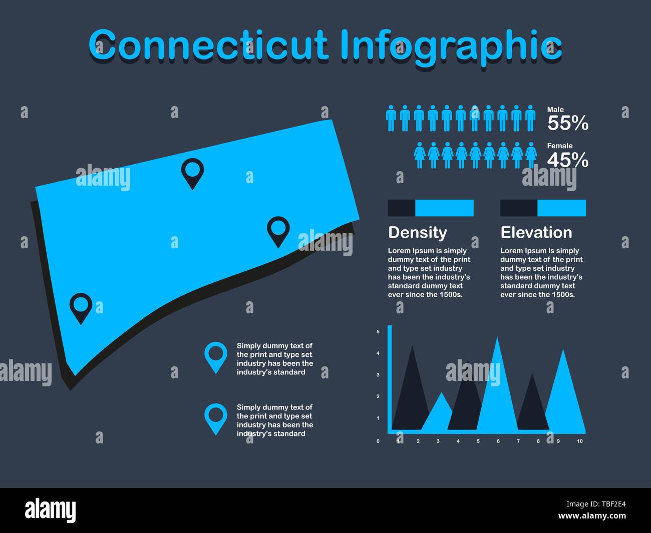 Connecticut State (USA) Map with Set of Infographic Elements in Blue Color in Dark Background. Modern Information Graphics Element for your design. Stock Vector