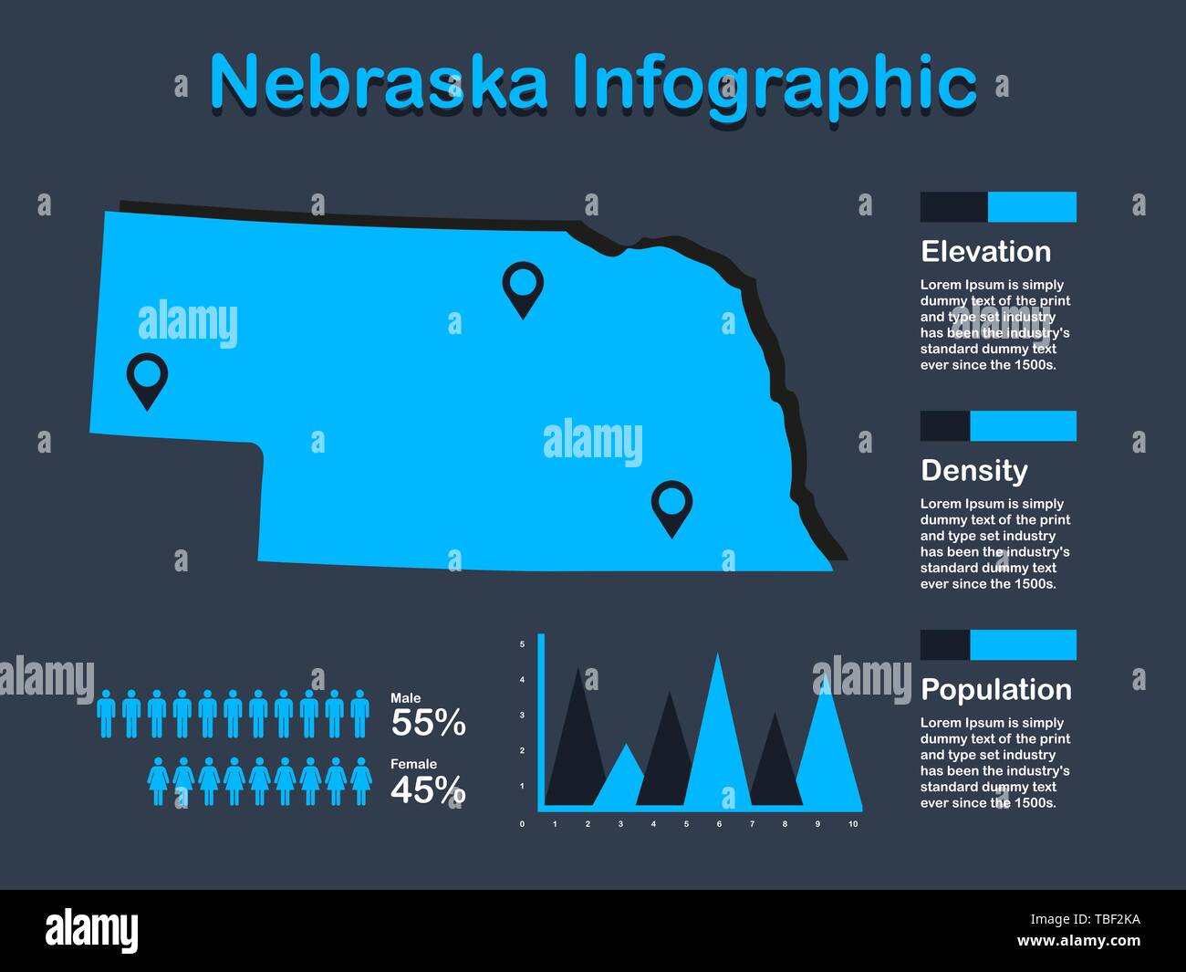 Nebraska State (USA) Map with Set of Infographic Elements in Blue Color